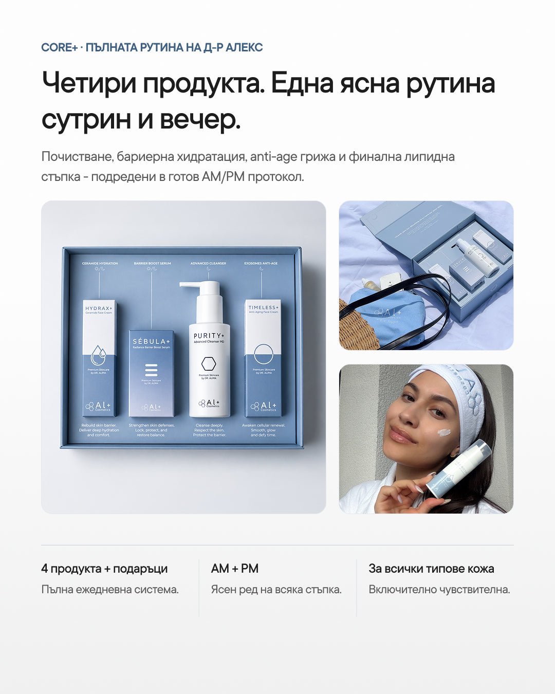 Core+ | Пълната рутина на д-р Алекс - Al+ Cosmetics - 4 продукта + 2 подаръка | Complete AM/PM routine | 225 ML
