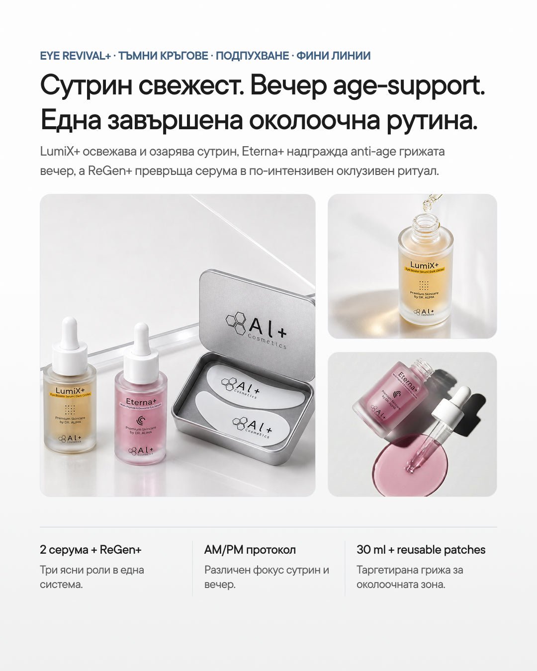 Eye Revival+ | Рутина за тъмни кръгове, подпухване и фини линии - Al+ Cosmetics - 2 серума + ReGen+ patches | Eye AM/PM routine | 30 ML
