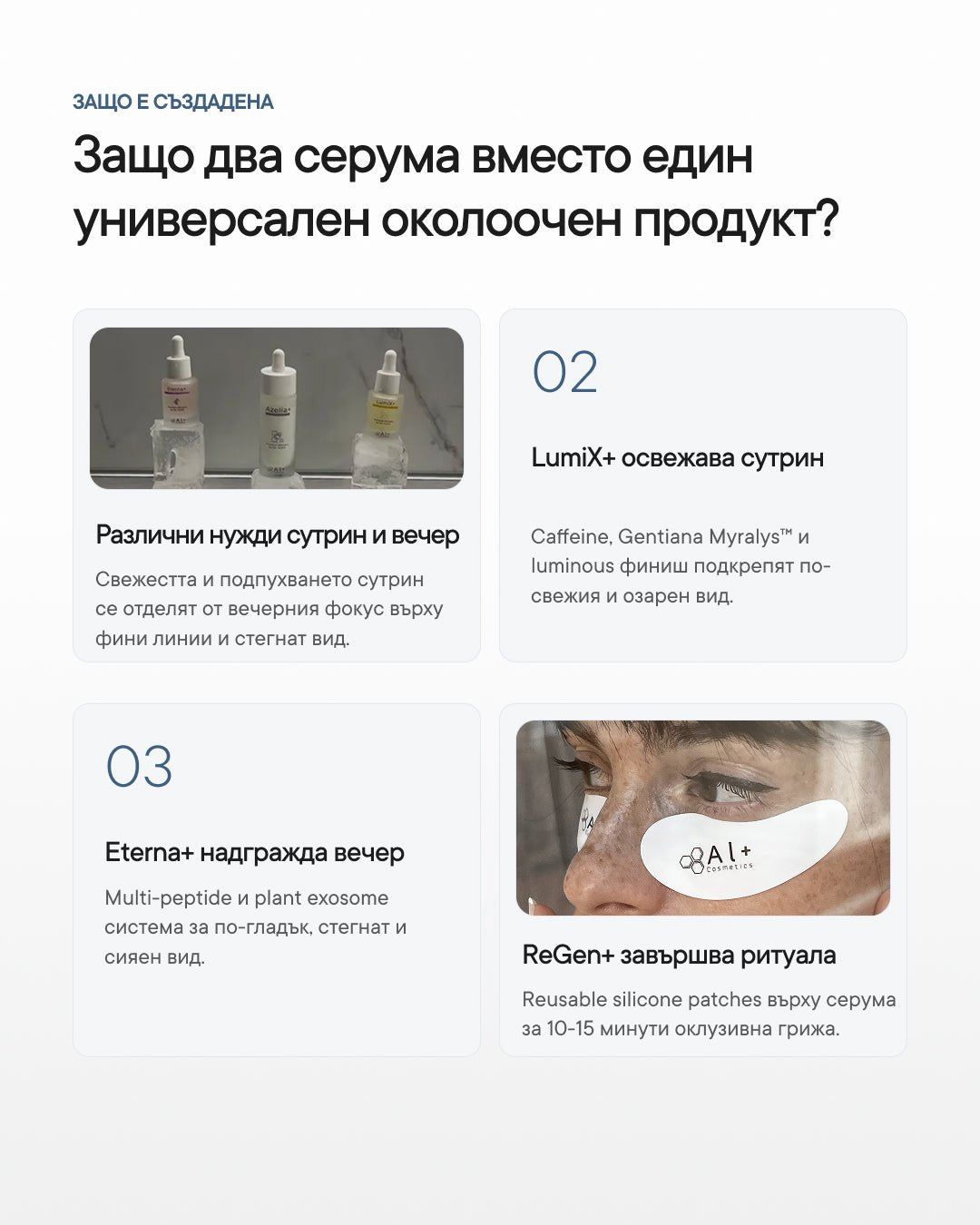Eye Revival+ | Рутина за тъмни кръгове, подпухване и фини линии - Al+ Cosmetics - 2 серума + ReGen+ patches | Eye AM/PM routine | 30 ML
