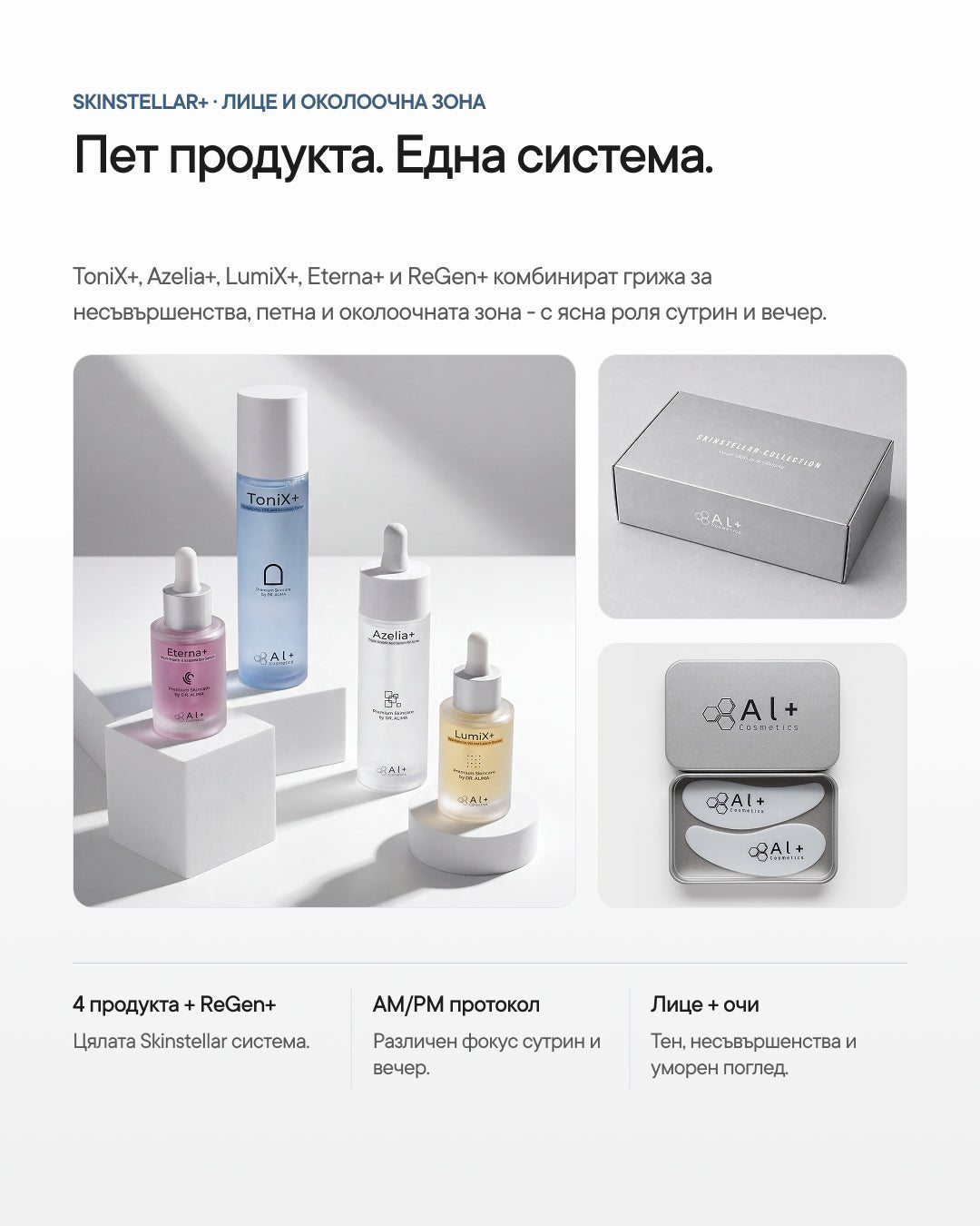 Skinstellar+ | Рутина за акне, петна и околоочна зона - Al+ Cosmetics - 4 продукта + ReGen+ patches | Skinstellar AM/PM routine | 180 ML