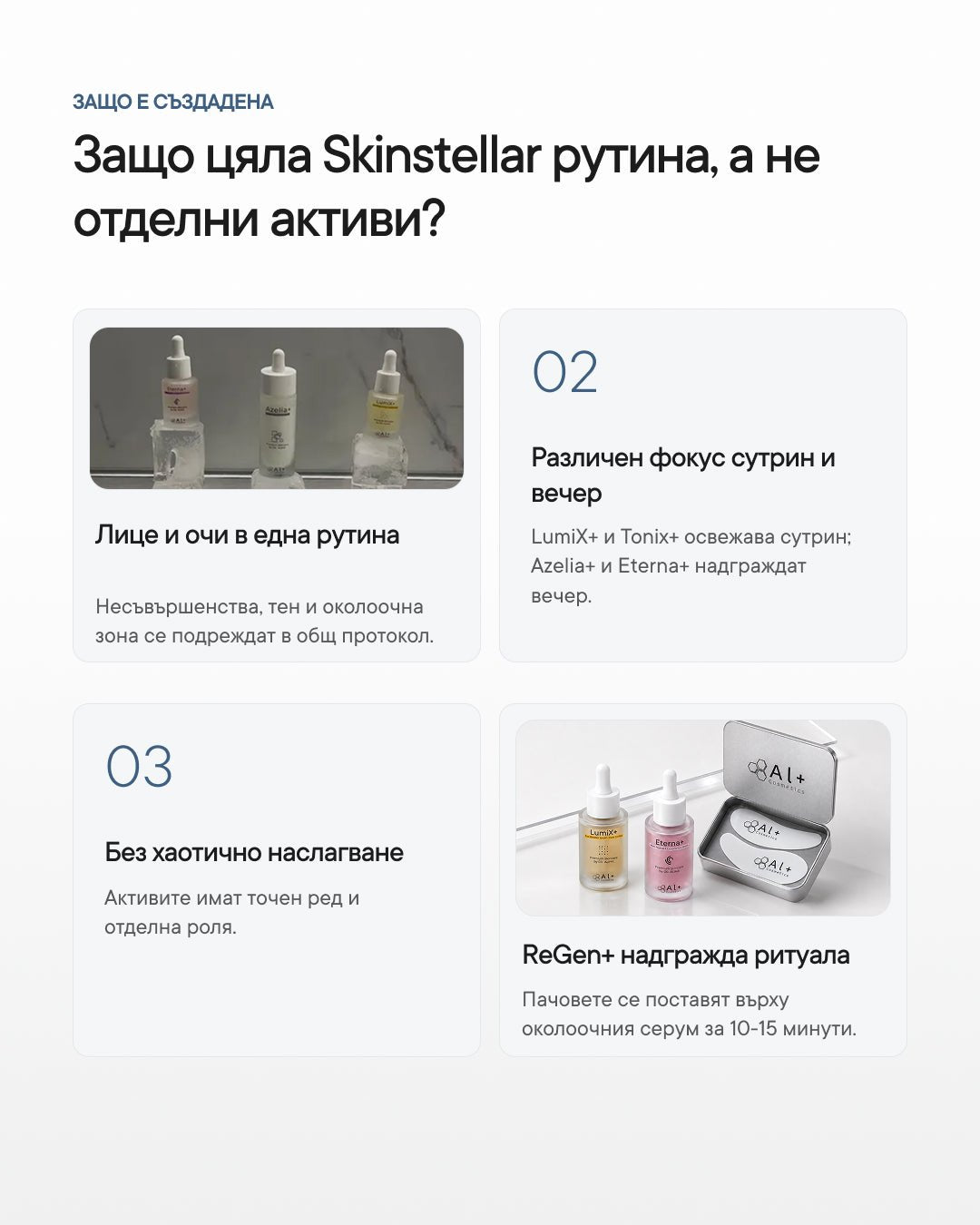 Skinstellar+ | Рутина за акне, петна и околоочна зона - Al+ Cosmetics - 4 продукта + ReGen+ patches | Skinstellar AM/PM routine | 180 ML